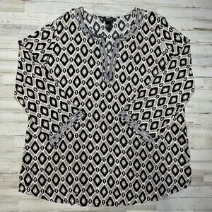TWIGGY Ikat Blouse Shirt Caftan Tunic Black Tan SZ 2X C101607